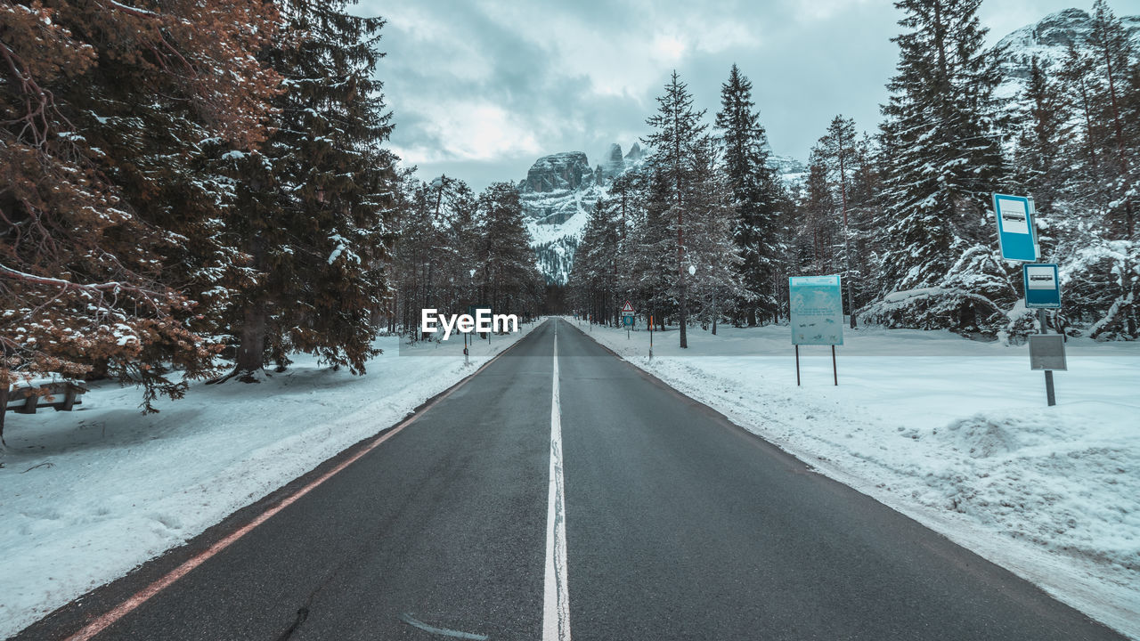 Empty road amidst snow covered land in forest