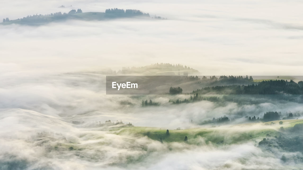 Aerial view of landscape in foggy weather