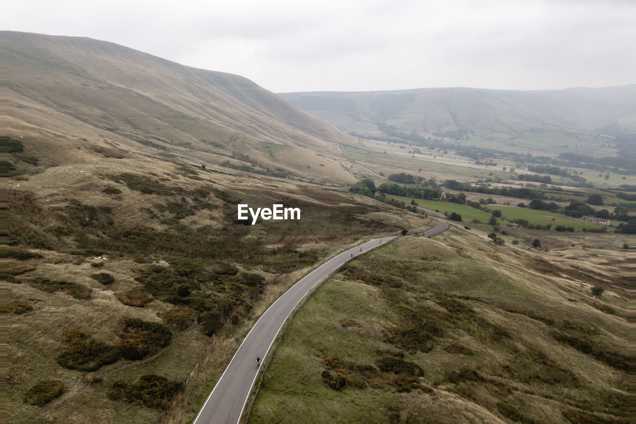 Drone shot of a road in the peak district