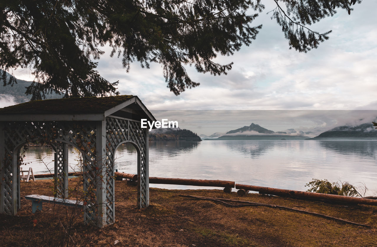 Scenic view of lake by building against sky