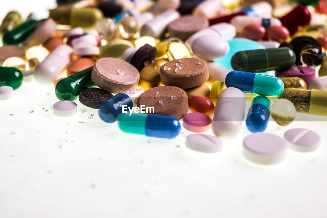 Pharmaceutical different multicolored tablets, capsules, therapy drugs and pills