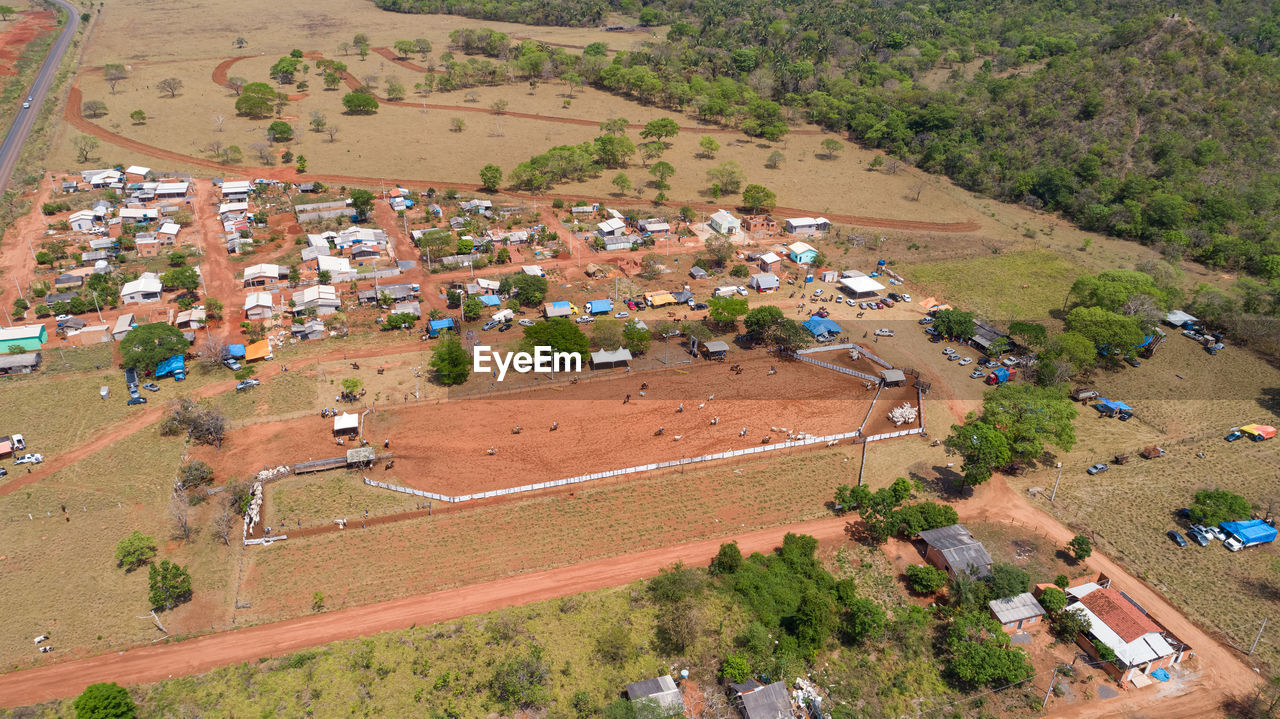 Aerial view to rodeo grounds and residential area in bom jardim, mato grosso, brazil