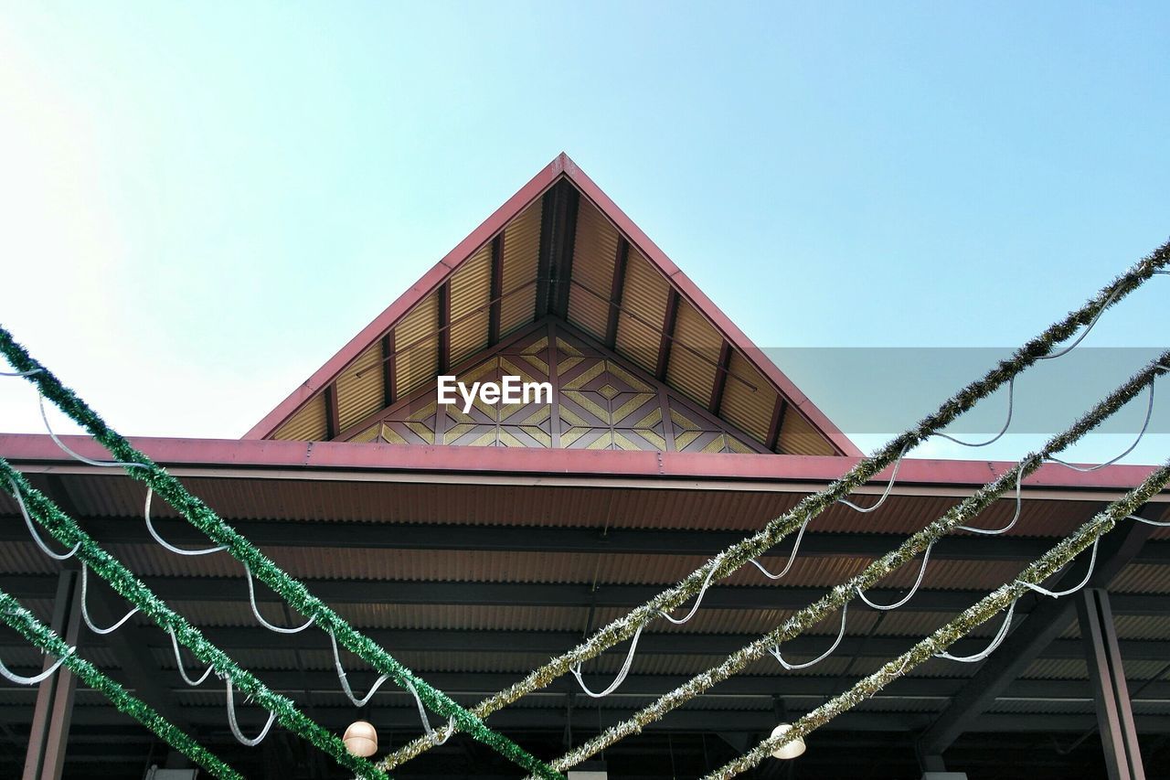Low angle view decorations outside house against clear sky