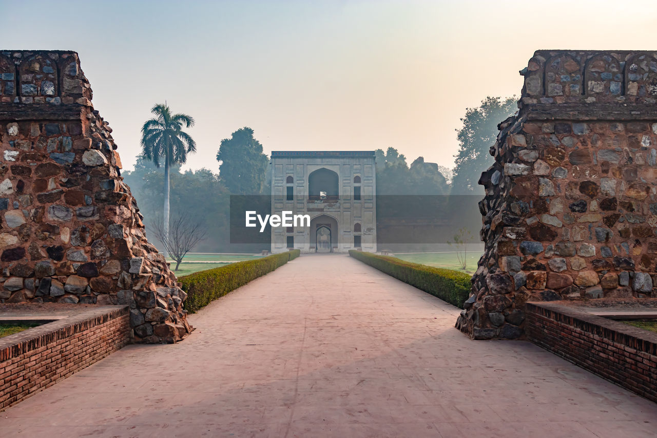 Humayun tomb entrance gate at misty morning from unique perspective