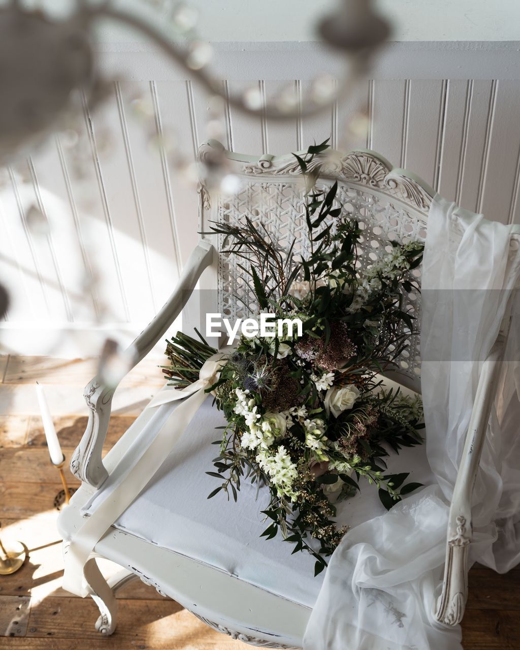 Wedding bouquet on chair