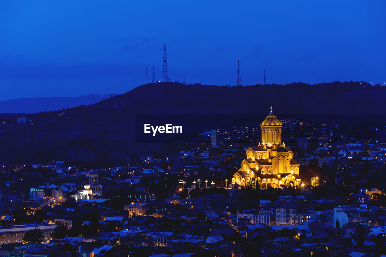 Night aerial view on holy trinity cathedral of tbilisi, commonly known as sameba, georgia country.