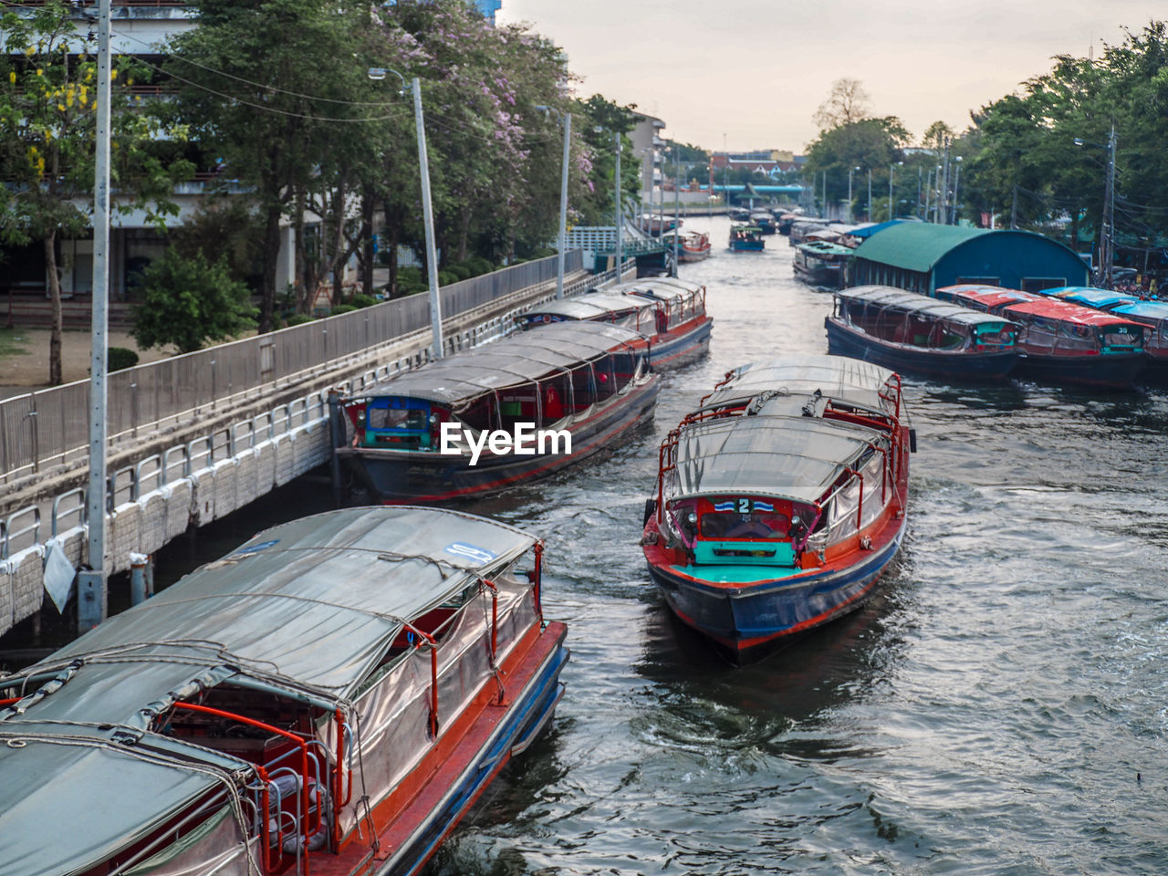 High angle view of boats moored in river