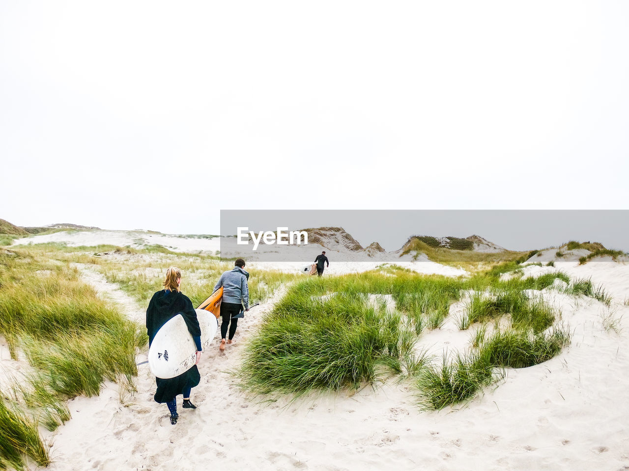 Rear view of friends carrying surfboards while walking at beach against clear sky