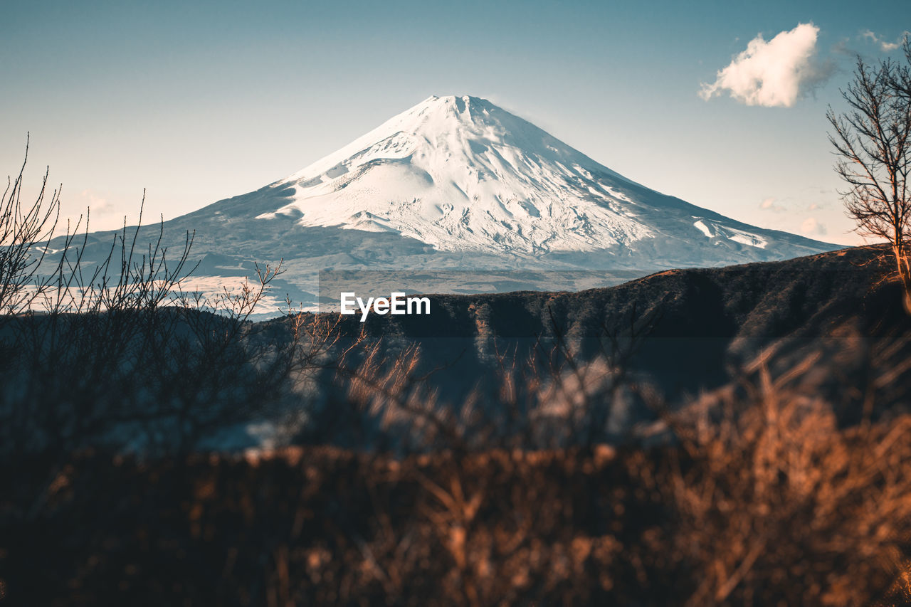 Beautiful fuji mountain with snow covered on the top in the winter season in japan.