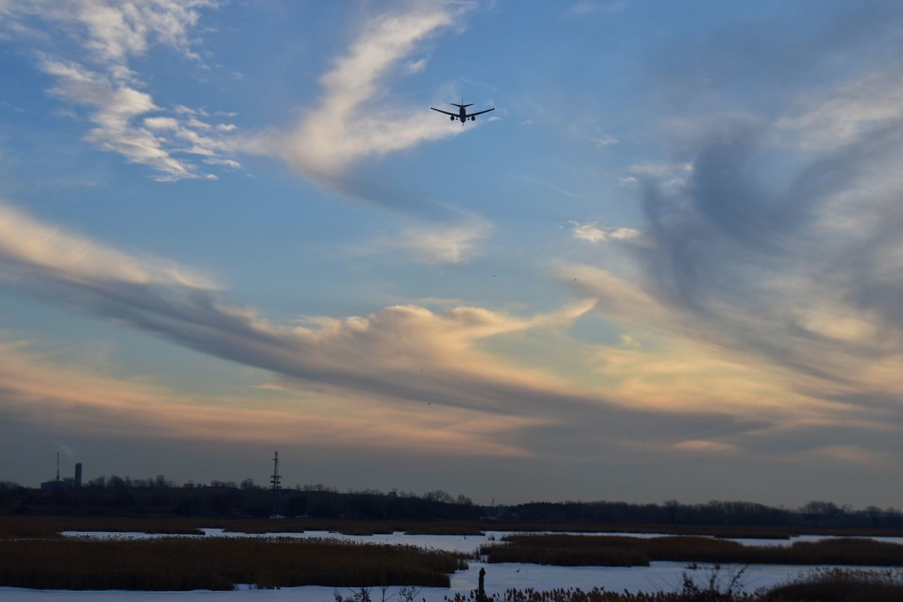 Silhouette airplane flying over field against cloudy sky