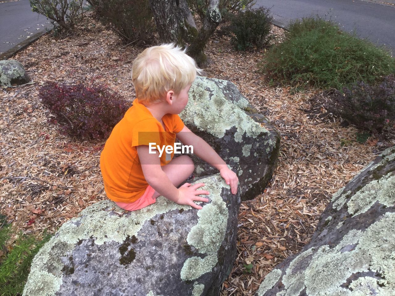 HIGH ANGLE VIEW OF CUTE GIRL PLAYING ON STONE