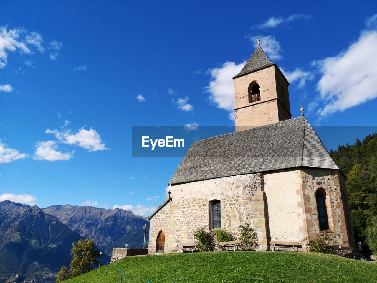 Roman church of sankt kathrein in der scharte at hafling, south tyrol against blue sky