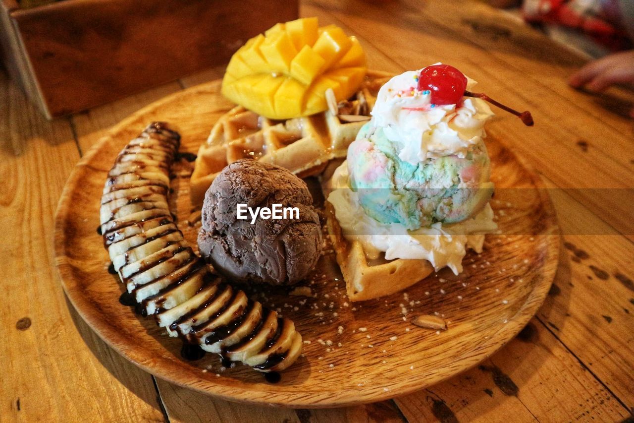 High angle view of dessert in plate on table