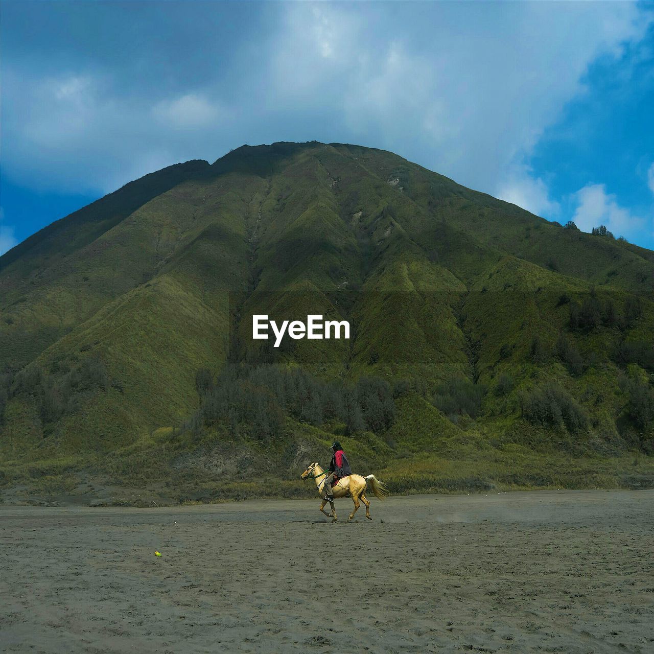 Side view of man riding horse at beach against mountain