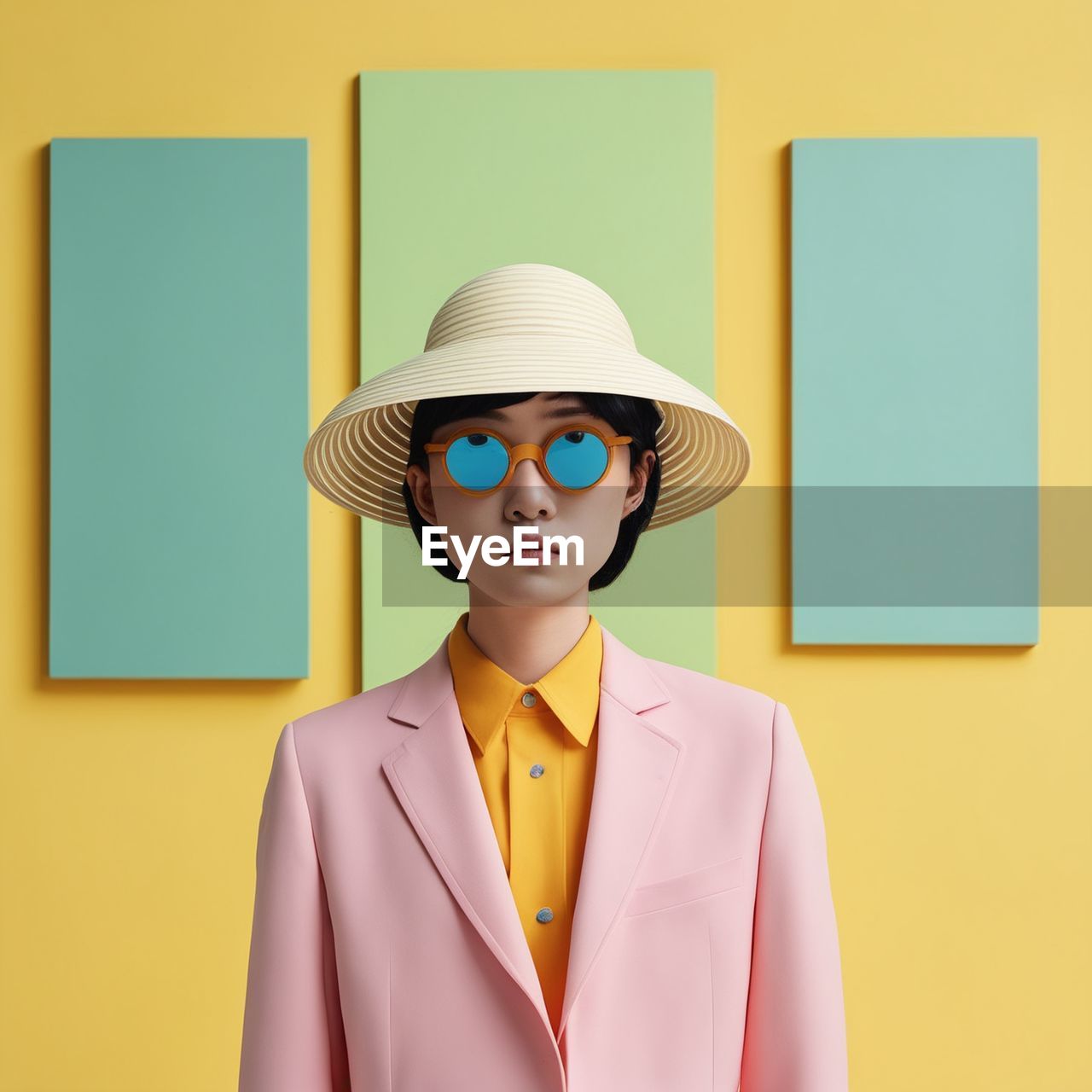 portrait of young woman wearing hat standing against yellow background