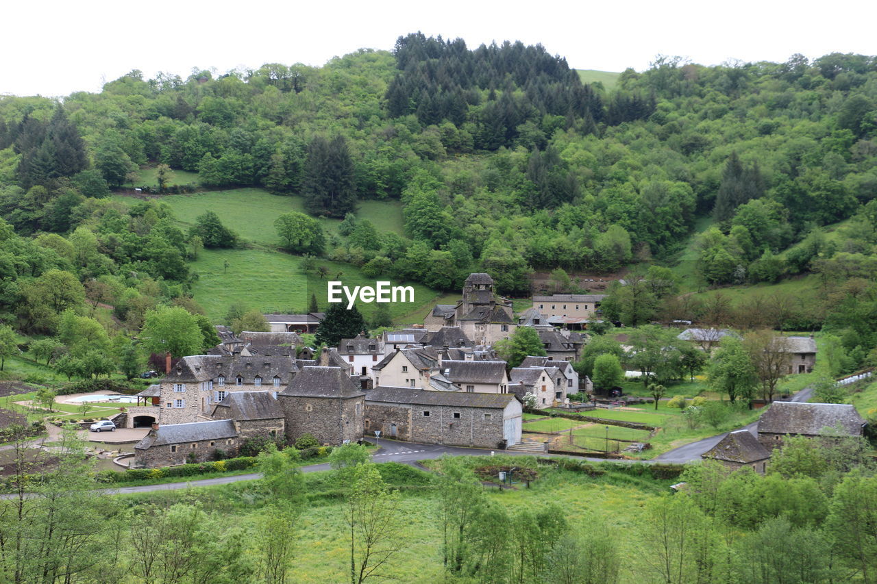 High angle view of houses on field