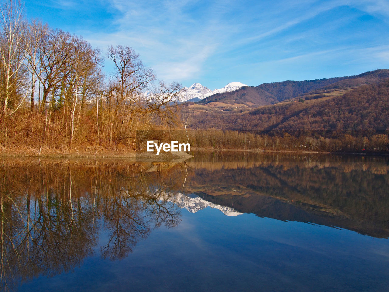 Reflection of trees in lake against sky