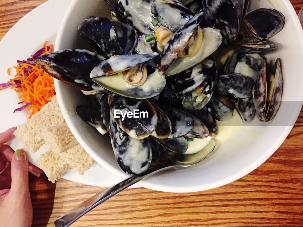 High angle view of mussels served in bowl