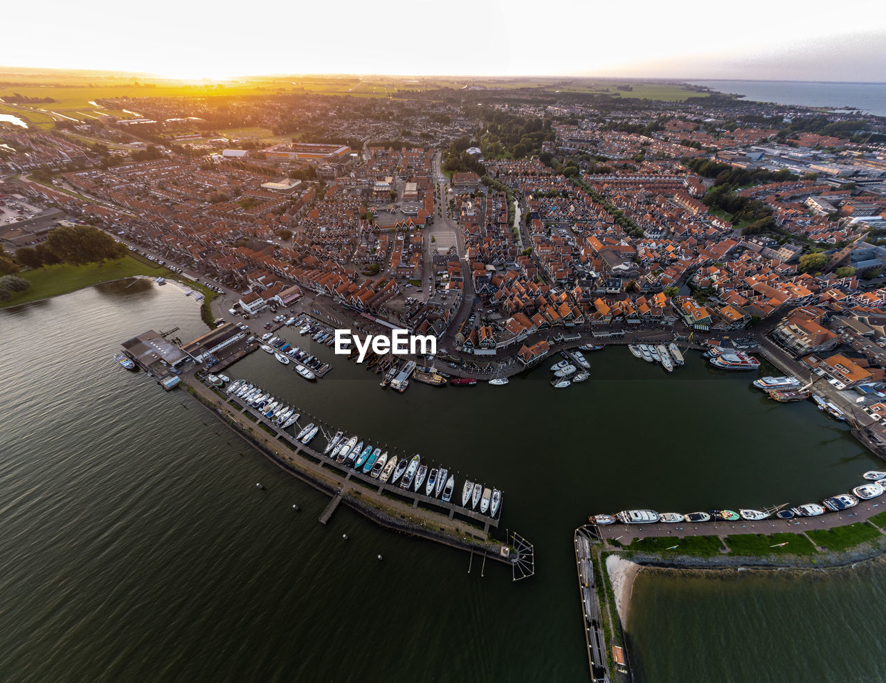 High angle view of river amidst buildings in city volendam haven