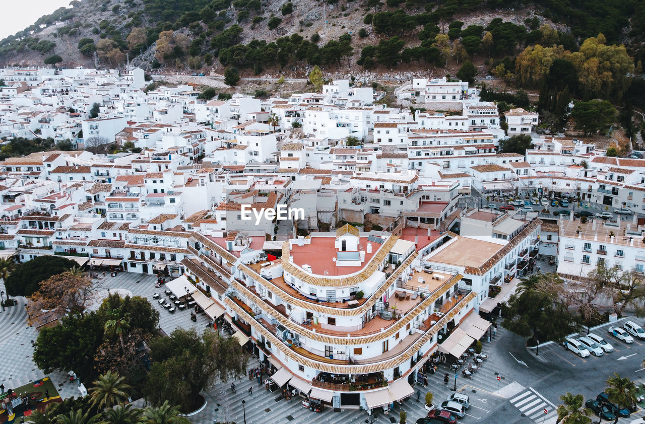 High angle view of buildings in town