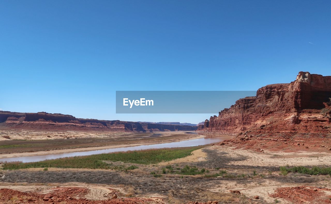 Scenic view of desert against clear blue sky