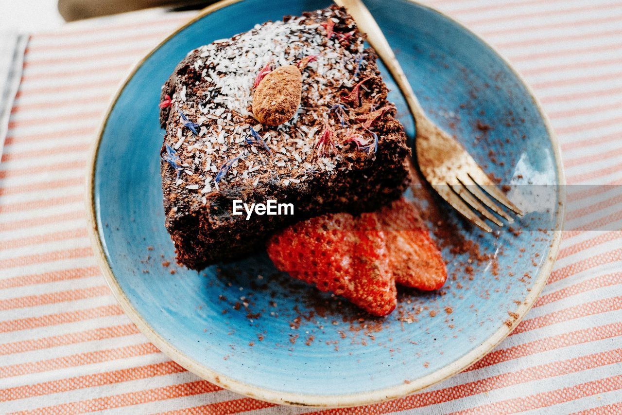 High angle view of cake in plate on table