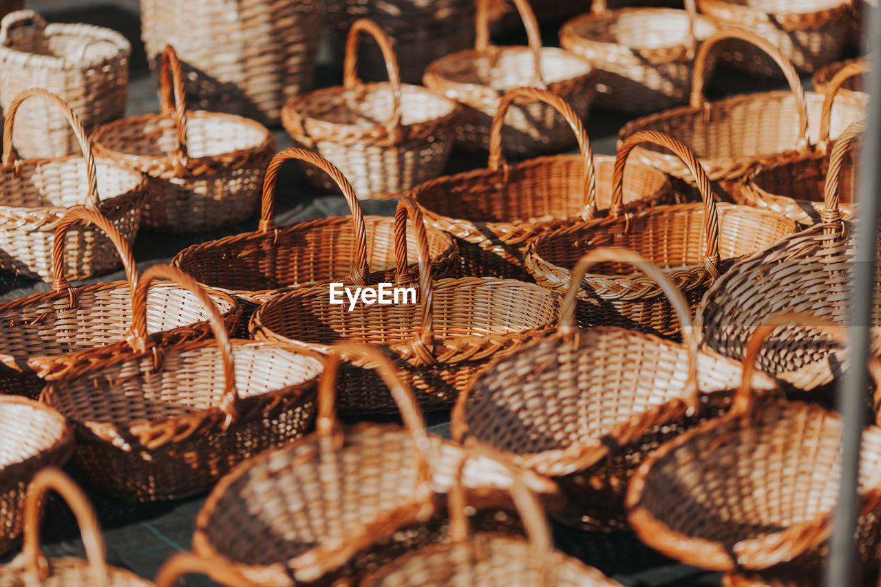 Close-up of wicker baskets for sale