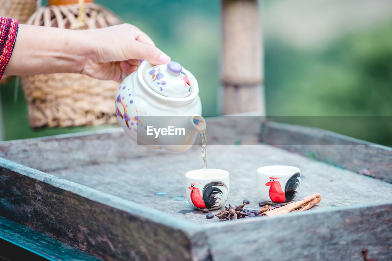 hand, food and drink, one person, drink, hot drink, blue, adult, cup, tea, women, refreshment, food, day, mug, teapot, outdoors, holding, nature, lifestyles, wood, coffee, tea cup, table, water