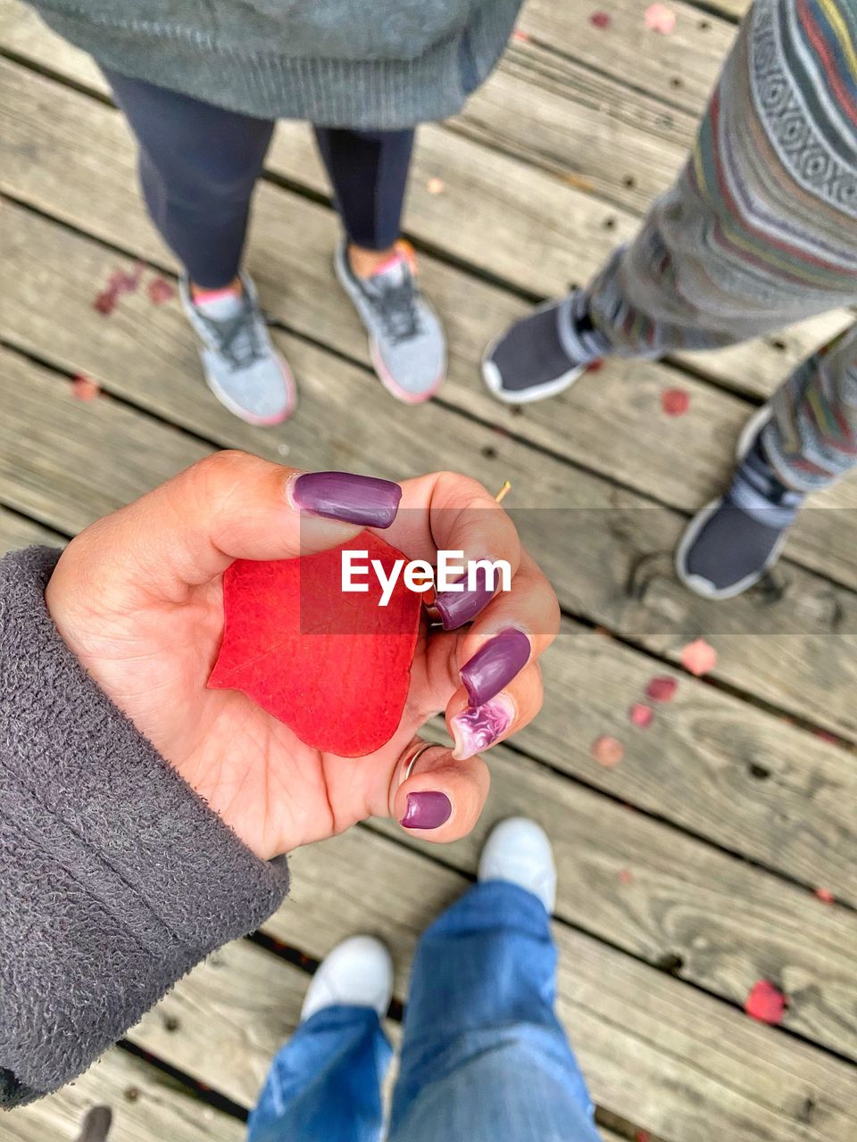 two people, blue, footwear, adult, wood, men, women, low section, togetherness, high angle view, red, hand, human leg, casual clothing, holding, day, bonding, spring, clothing, leisure activity, lifestyles, shoe, jeans, outdoors, female, positive emotion, love, limb, friendship, hardwood floor, emotion