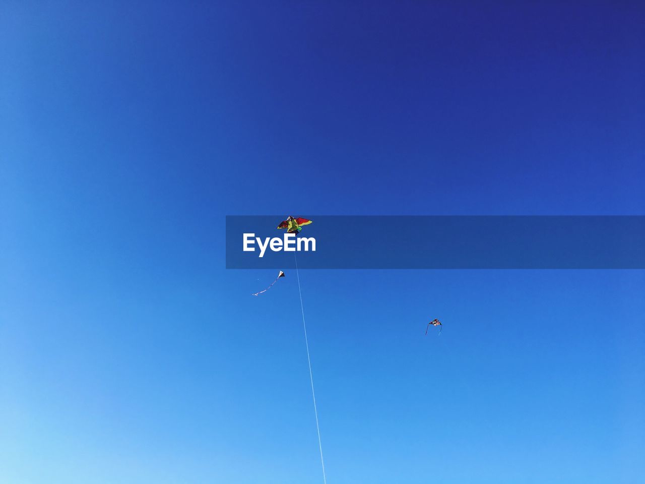 LOW ANGLE VIEW OF KITES AGAINST CLEAR BLUE SKY