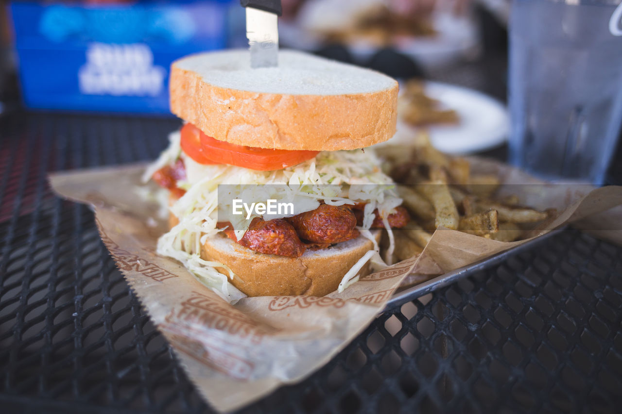 Close-up of burger on table