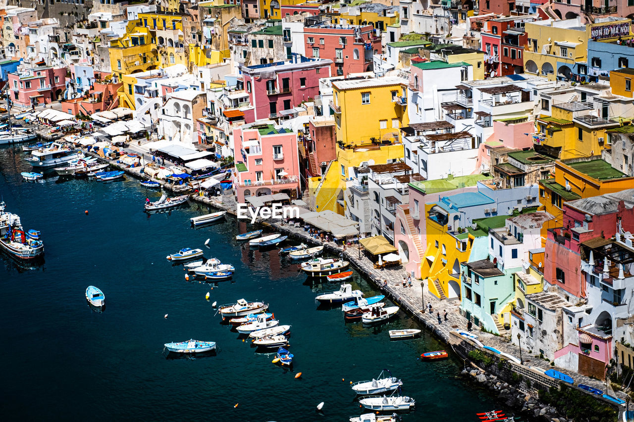 high angle view of boats moored in harbor