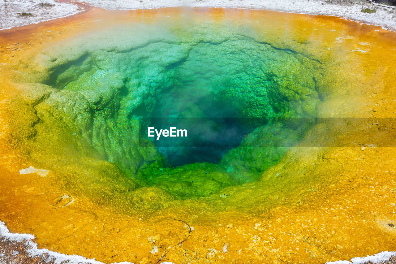 dish, heat, geology, no people, yellow, water, nature, high angle view, green, power in nature, geyser, hot spring, food, beauty in nature, close-up, volcano