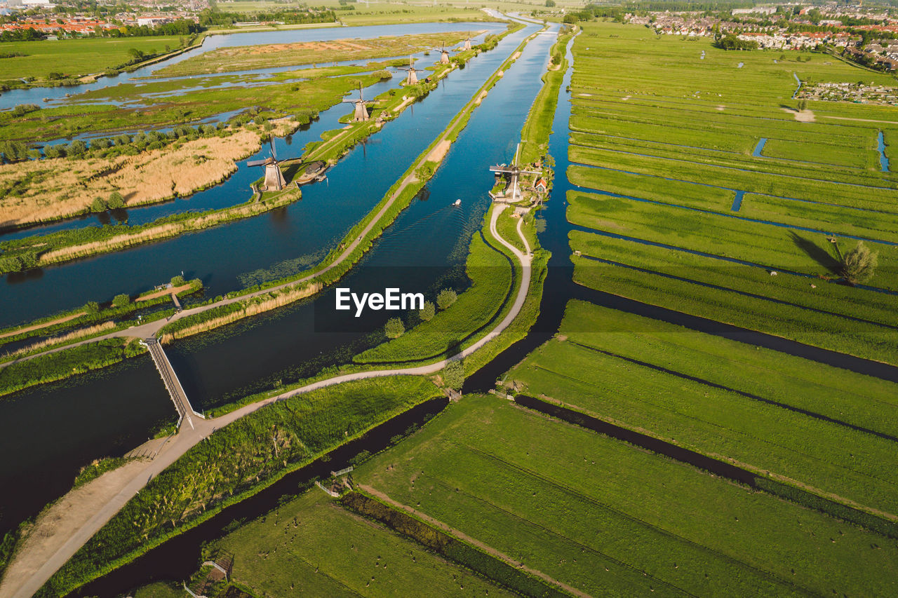 high angle view of road amidst field