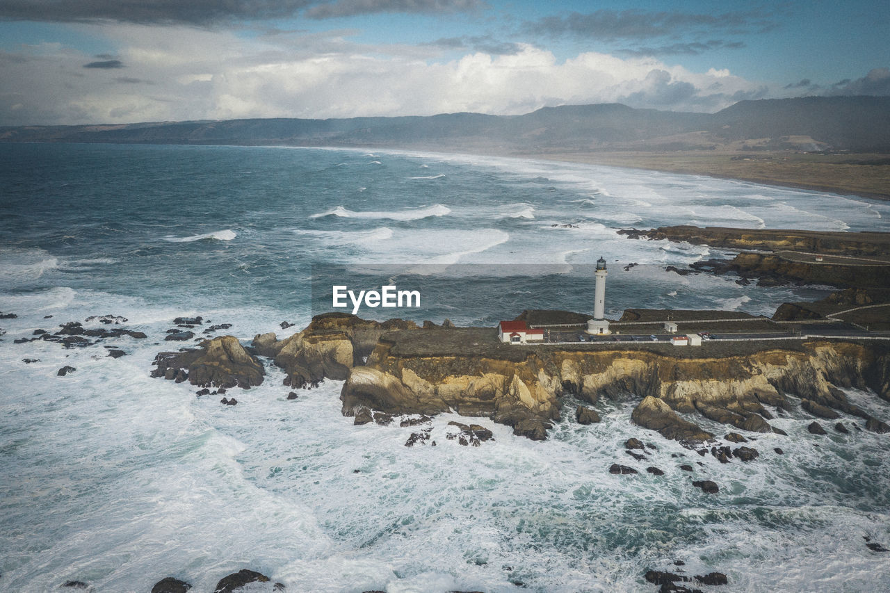 Lighthouse on the pacific coast from above, point arena, california