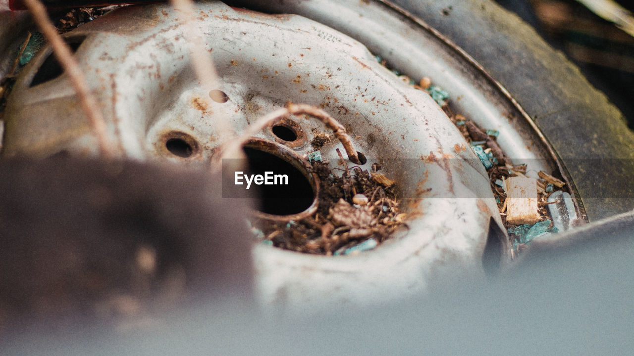 High angle view of rusty machine part