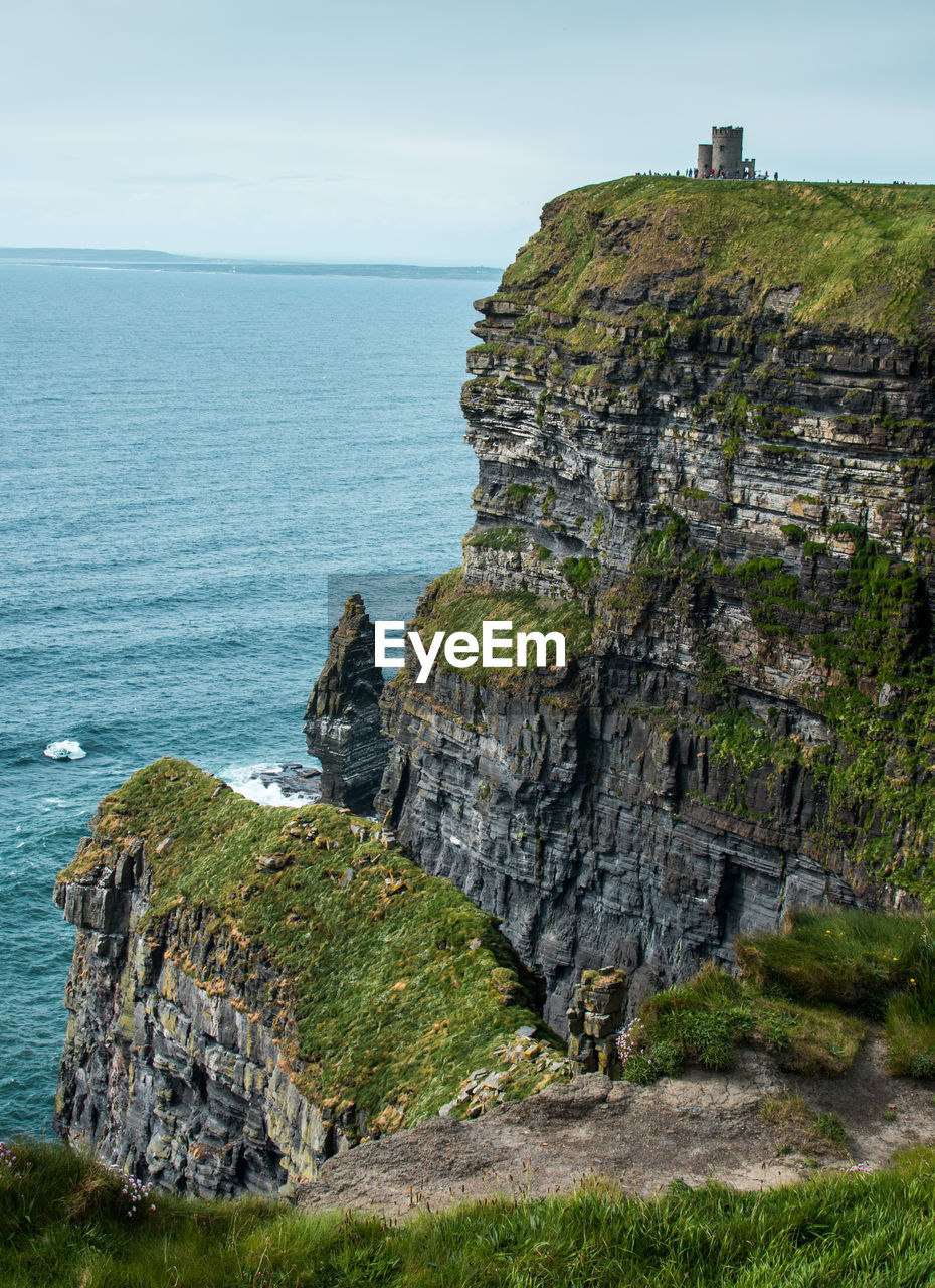 Scenic view of cliff by sea against sky