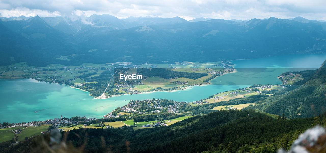 Panoramic view of lake wolfgangsee and village st. wolfgang in austria