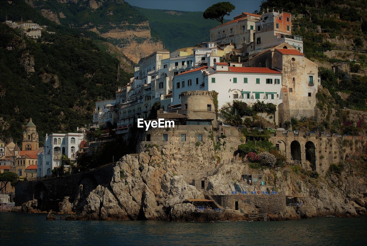 Aerial view of town by sea