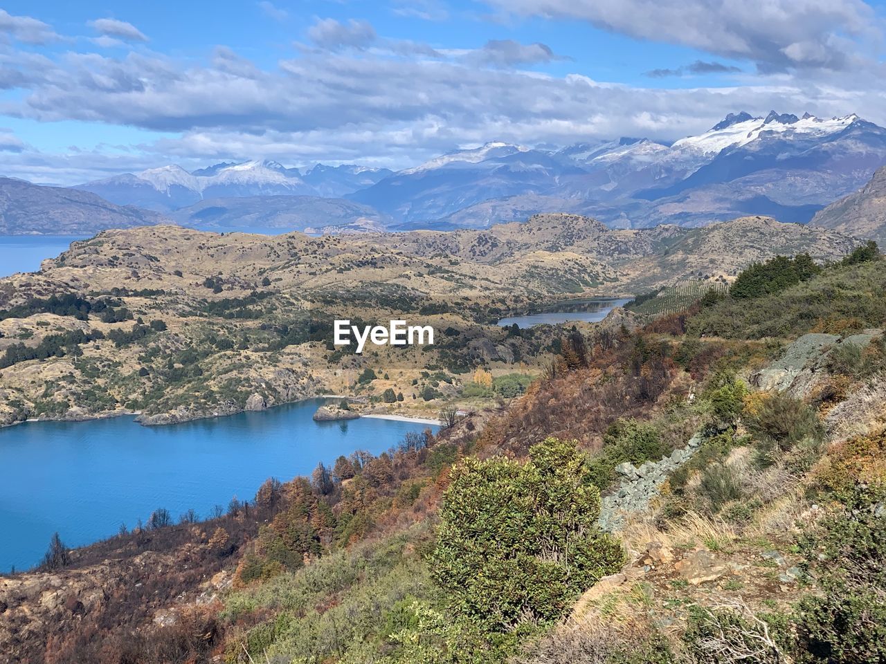 Scenic view of lake and mountains against sky