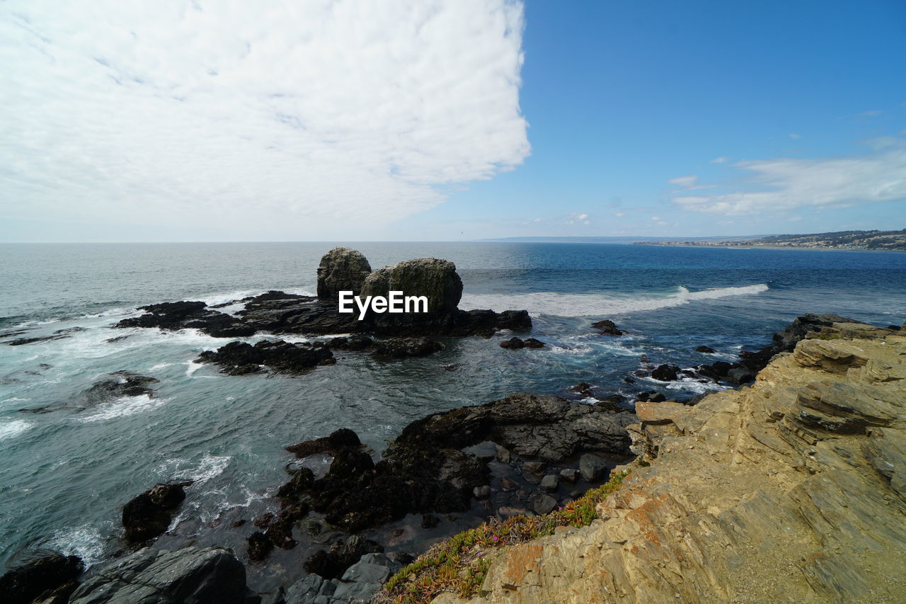 SCENIC VIEW OF SEA SHORE AGAINST SKY