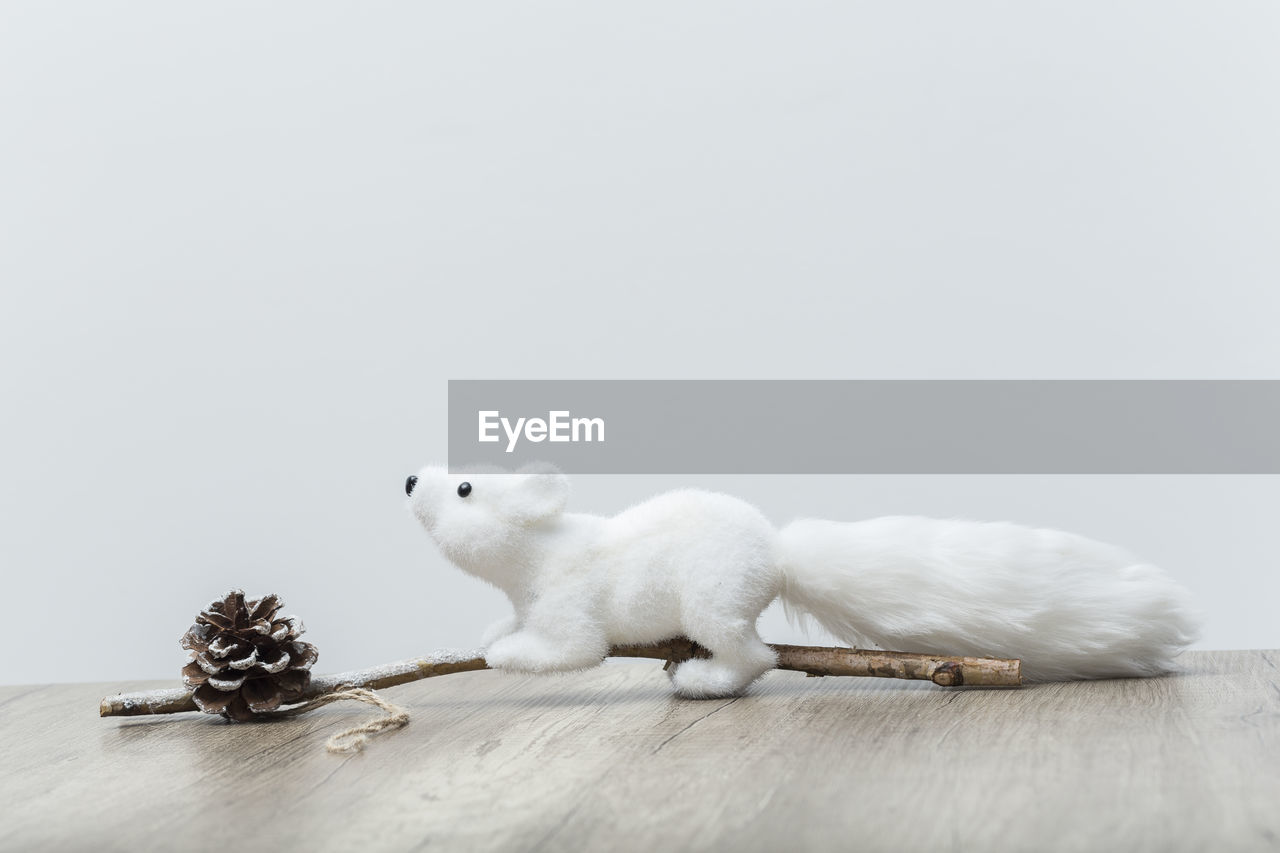 CLOSE-UP OF WHITE STUFFED TOY ON TABLE AGAINST GRAY BACKGROUND