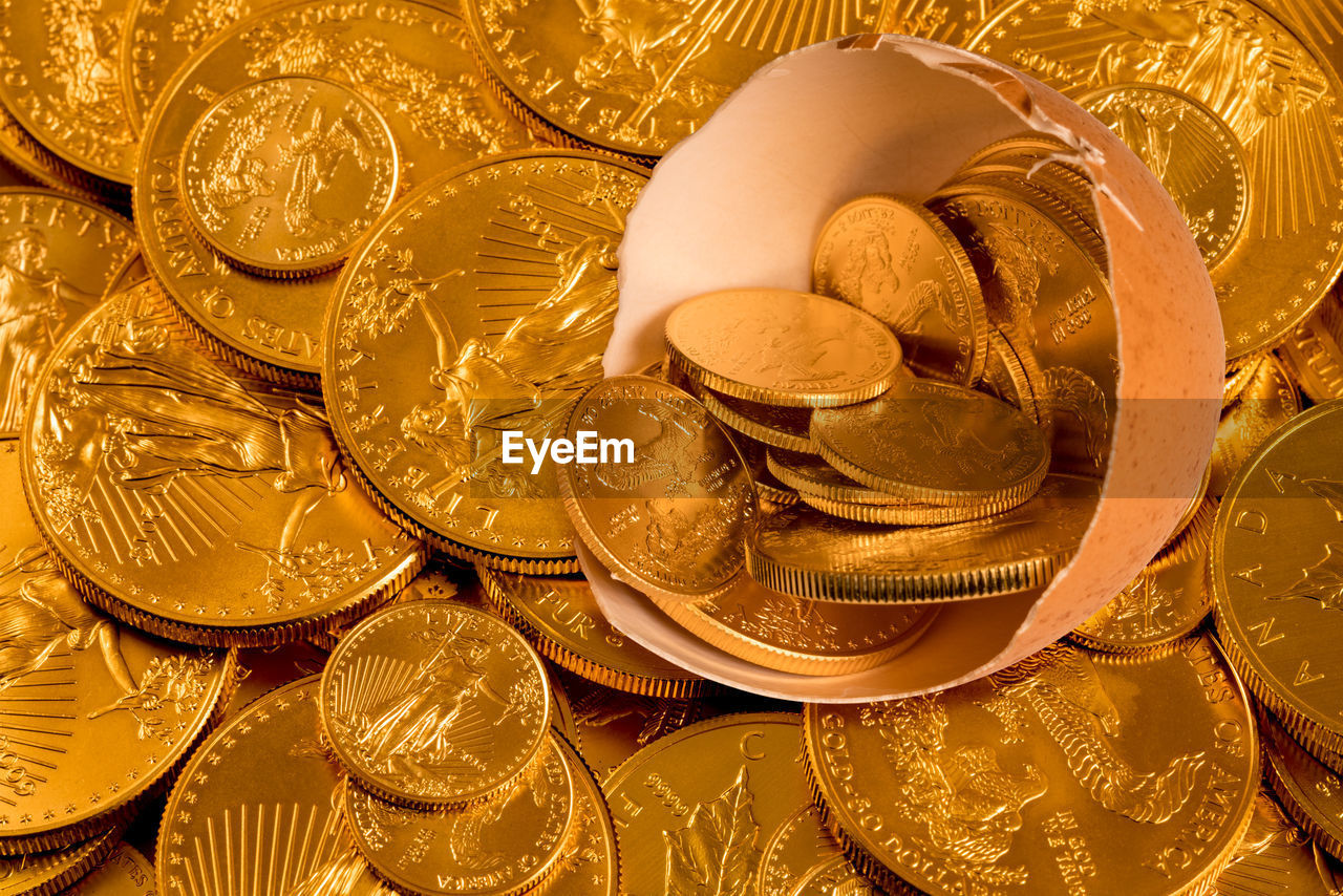 Close-up of gold colored coins