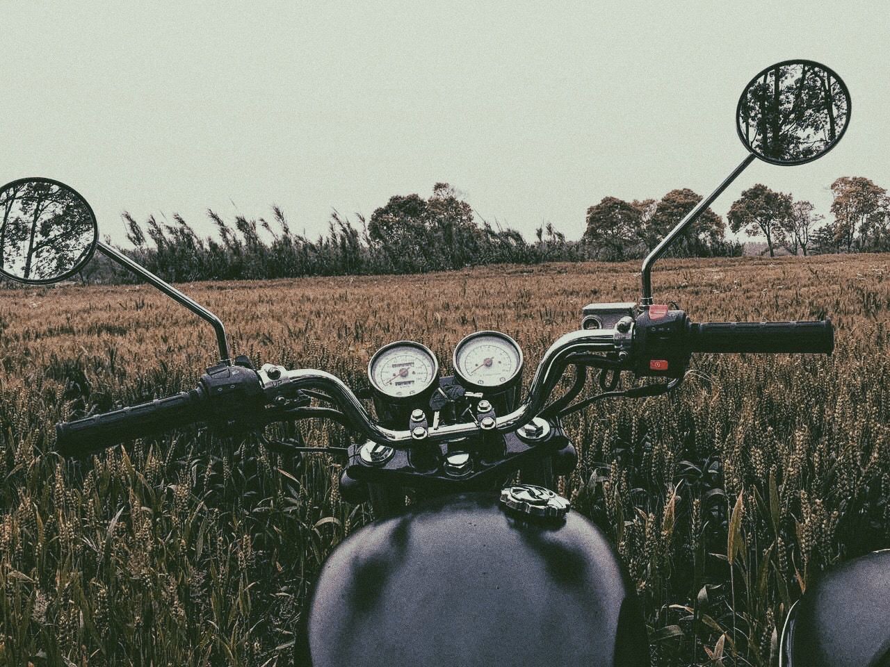 Motorcycle on agricultural field against clear sky