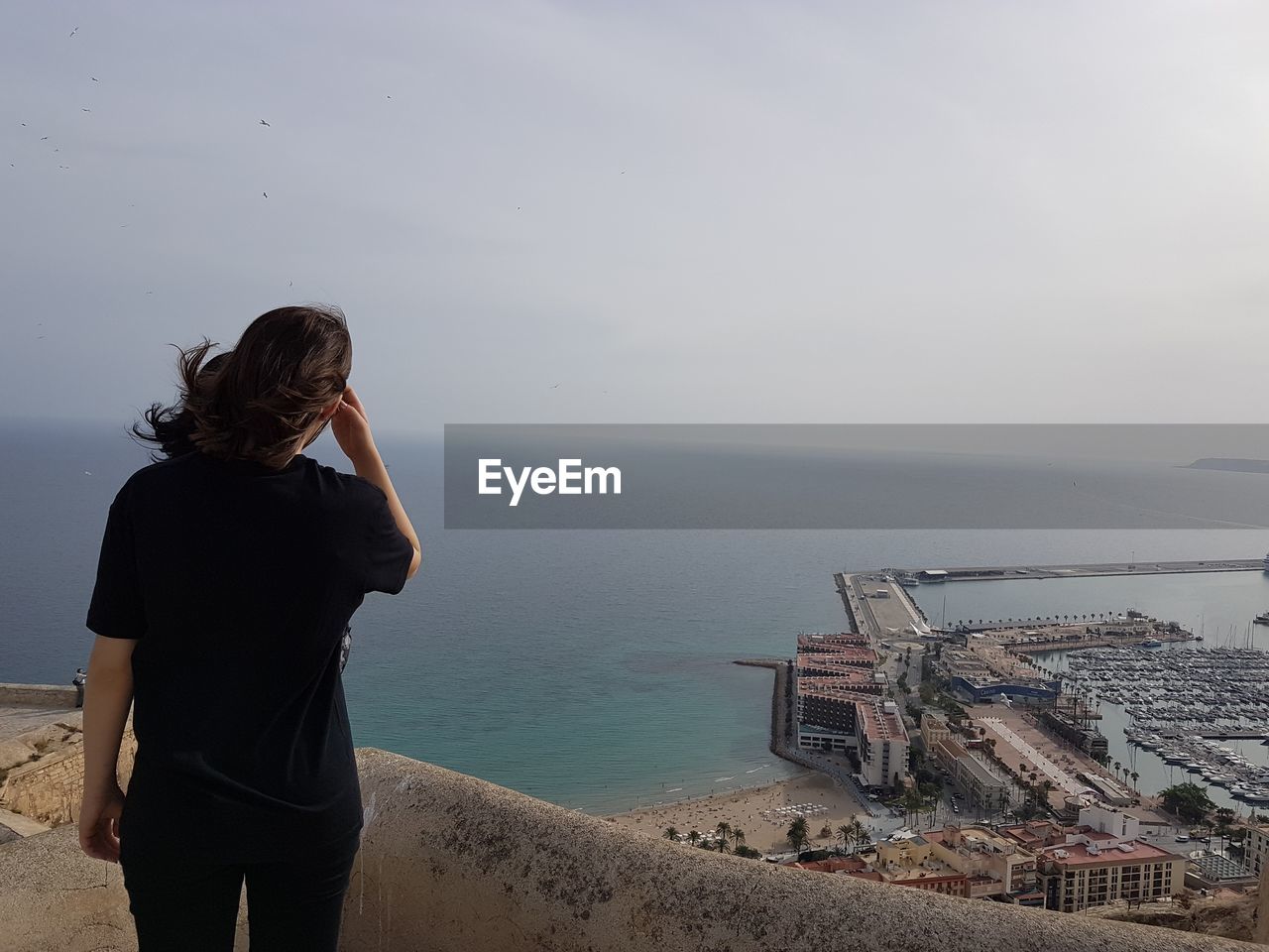 Rear view of woman standing on hill against harbor by sea