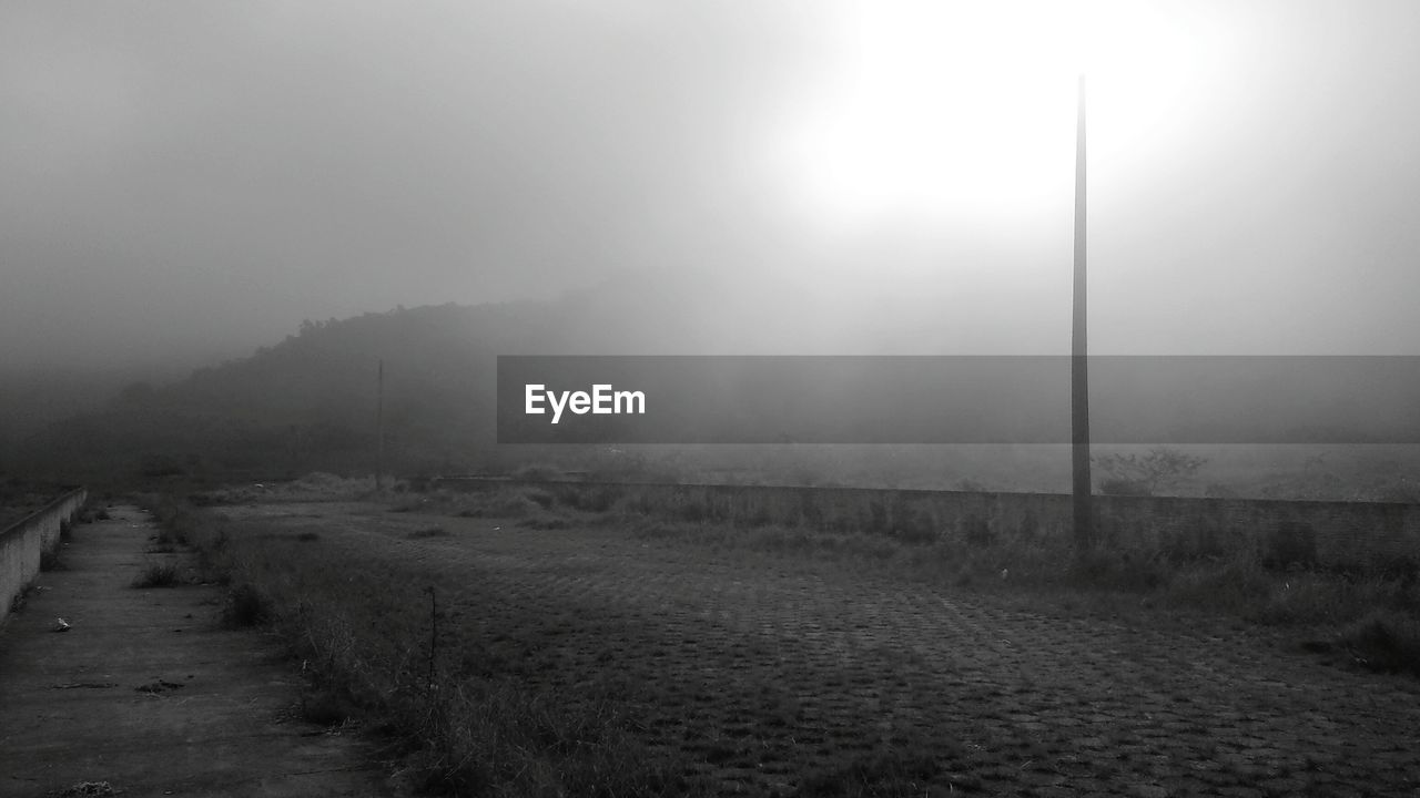 Road passing through field in foggy weather