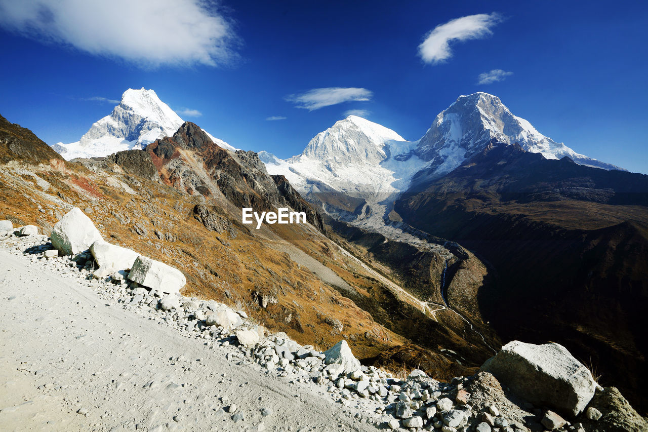 View of mountain peaks with snow against sky