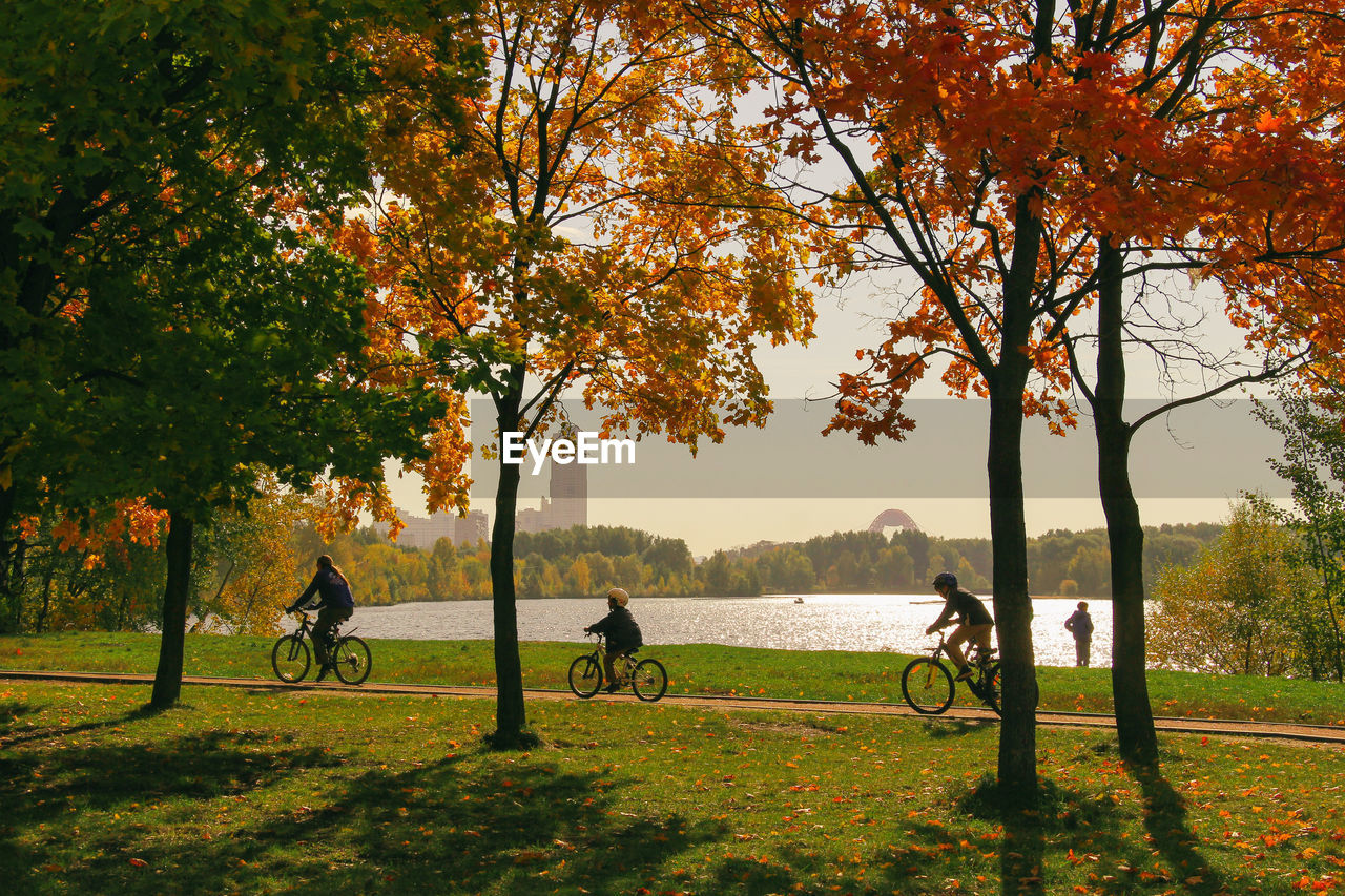 PEOPLE RIDING BICYCLE ON FIELD DURING AUTUMN