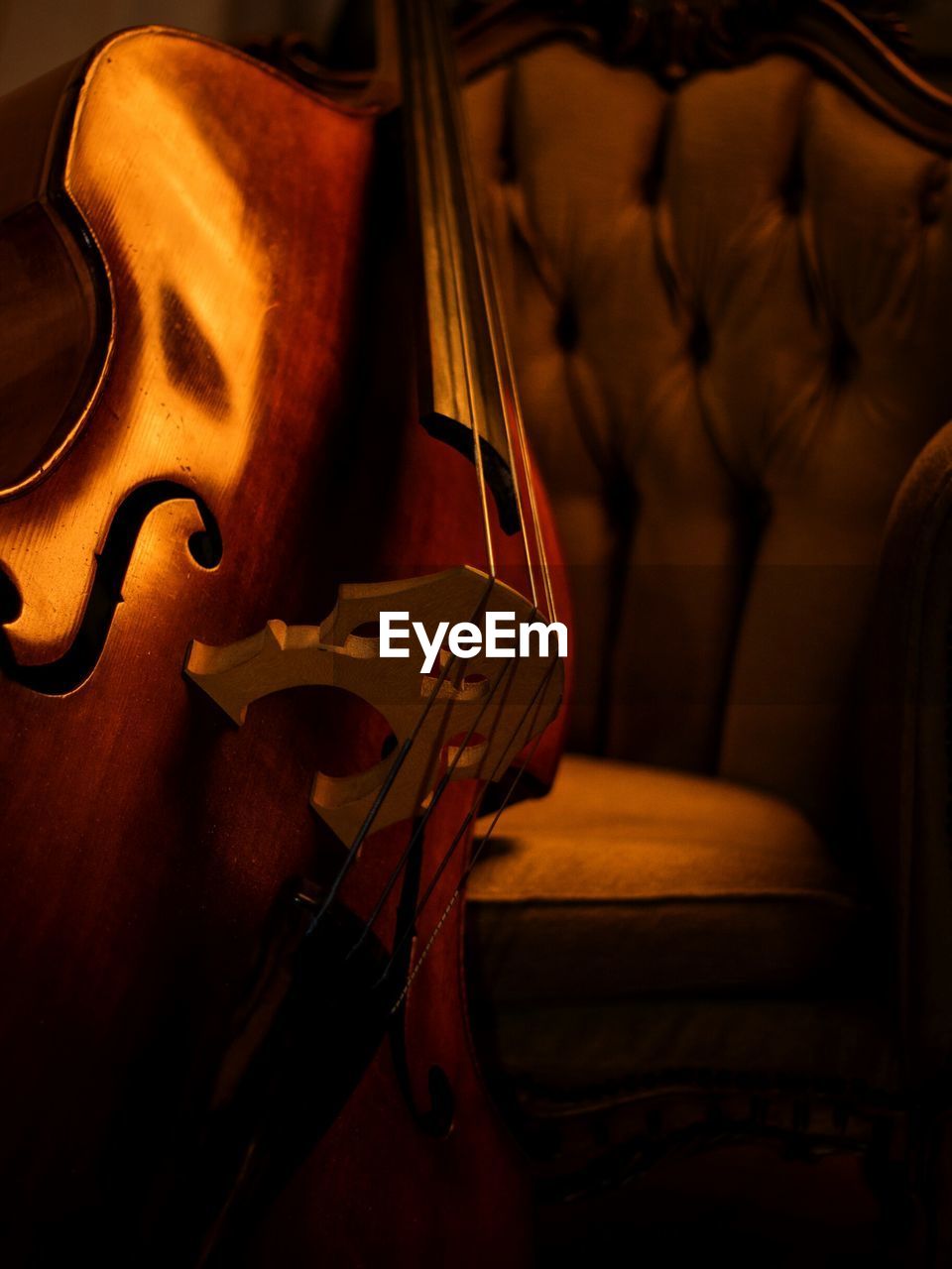 Close-up of violin against armchair