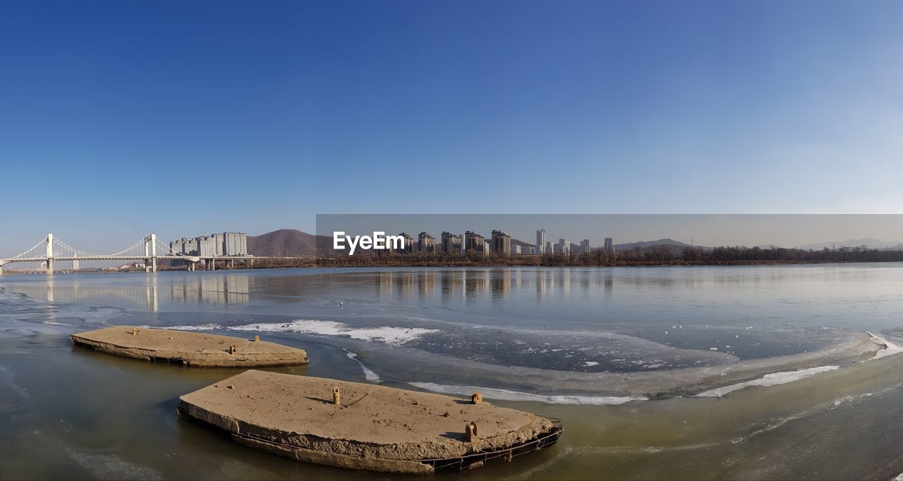 Panoramic view of sea against clear blue sky